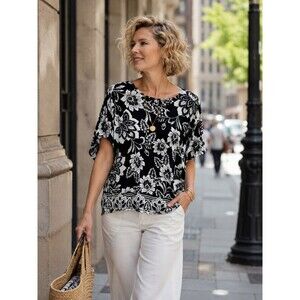 Chicos Womens Size 2 L Black White Floral Flutter Sleeve Top Boat Neck Blouse